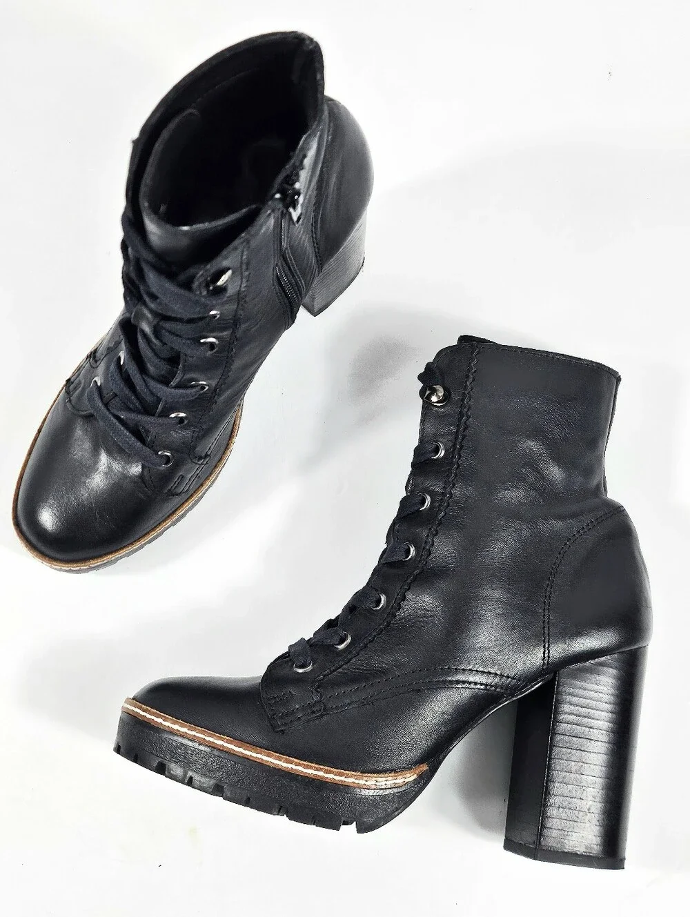 Chelsea & Violet Lexie Black Leather Lace-Up Block Heel Lug Sole Ankle Boot - Picture 9 of 16